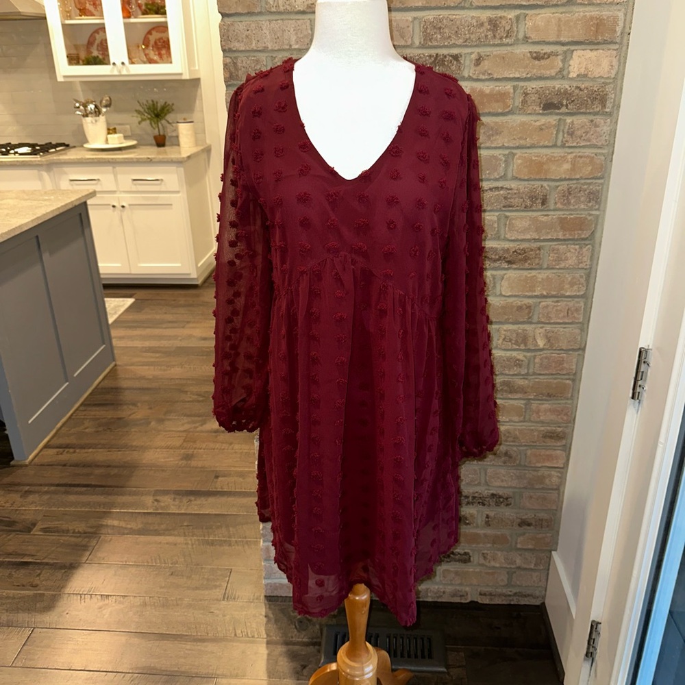 NWT KIRUNDO Long Sleeve Mini Dress V Neck Flowy Casual Swiss Dot Babydoll Dress